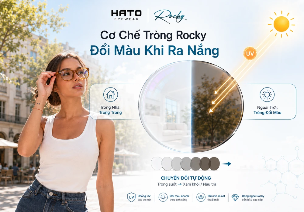 Người mẫu đeo tròng Rocky đổi màu khi ra nắng, tròng kính chuyển từ trong suốt sang xám khói hoặc nâu trà dưới ánh sáng mặt trời.