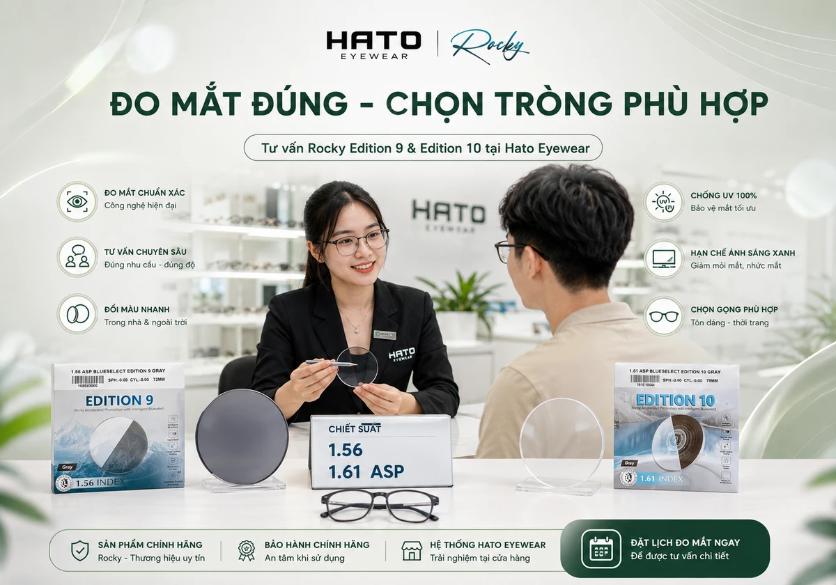 Nhân viên Hato Eyewear tư vấn khách hàng chọn tròng kính Rocky Edition 9 và Edition 10 đổi màu, với bảng thông tin chiết suất 1.56 và 1.61 ASP trong showroom mắt kính cao cấp.