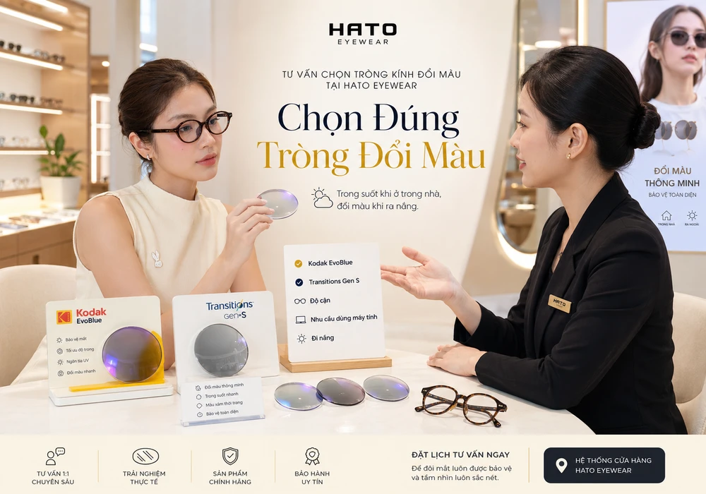 Tư vấn chọn tròng kính đổi màu Kodak EvoBlue và Transitions Gen S tại HATO Eyewear