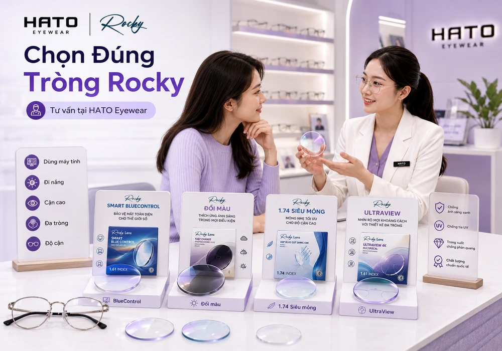Tư vấn chọn tròng kính Rocky tại HATO Eyewear với các dòng Rocky Smart BlueControl, Rocky đổi màu, Rocky 1.74 siêu mỏng và Rocky UltraView