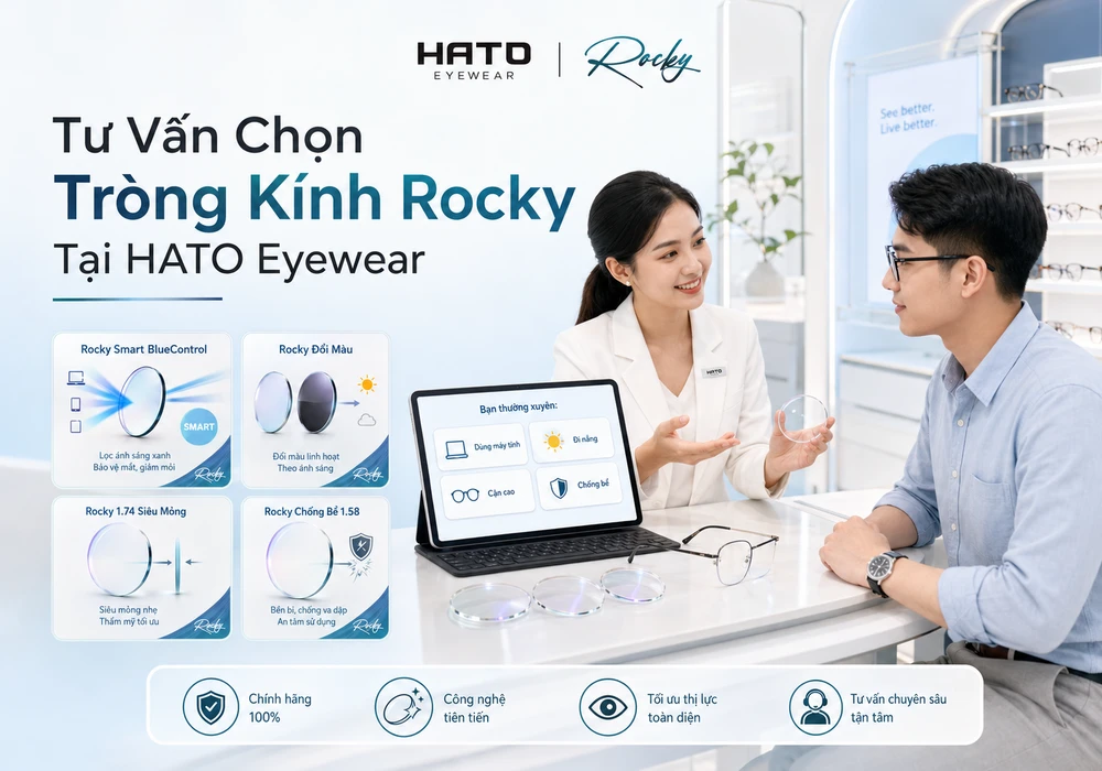 Chuyên viên tư vấn giới thiệu các dòng tròng kính Rocky tại HATO Eyewear cho khách hàng trong showroom hiện đại