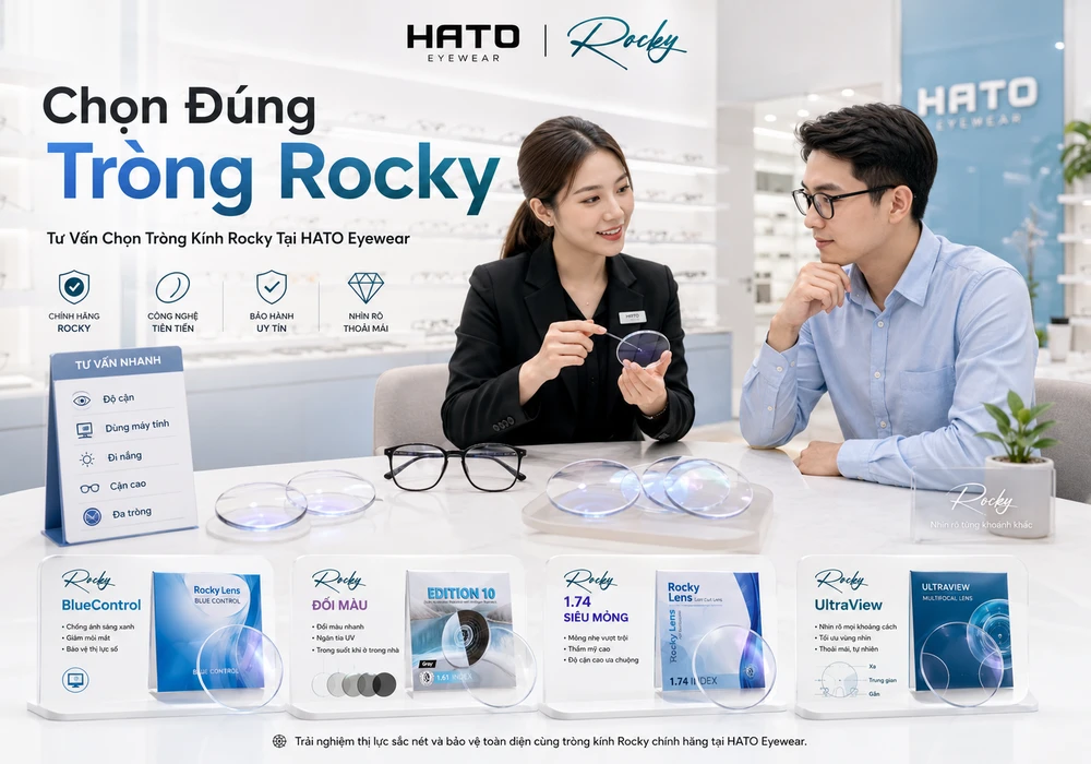 Tư vấn chọn tròng kính Rocky tại HATO Eyewear với các dòng Rocky BlueControl, Rocky đổi màu, Rocky 1.74 siêu mỏng và Rocky UltraView