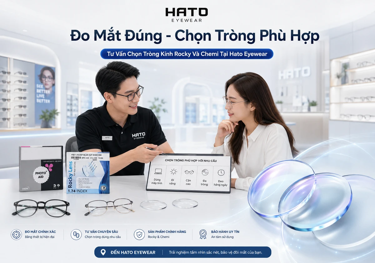 Nhân viên Hato Eyewear tư vấn chọn tròng kính Rocky và Chemi cho khách hàng với bảng nhu cầu sử dụng và sản phẩm trưng bày.