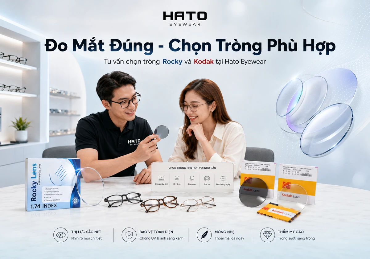 Ảnh CTA blog về dịch vụ tư vấn chọn tròng kính Rocky và Kodak tại Hato Eyewear, thể hiện không gian showroom mắt kính cao cấp, nhân viên tư vấn chuyên nghiệp và các lựa chọn tròng kính theo nhu cầu như dùng máy tính, đi nắng, cận cao, lái xe và đeo hằng ngày.