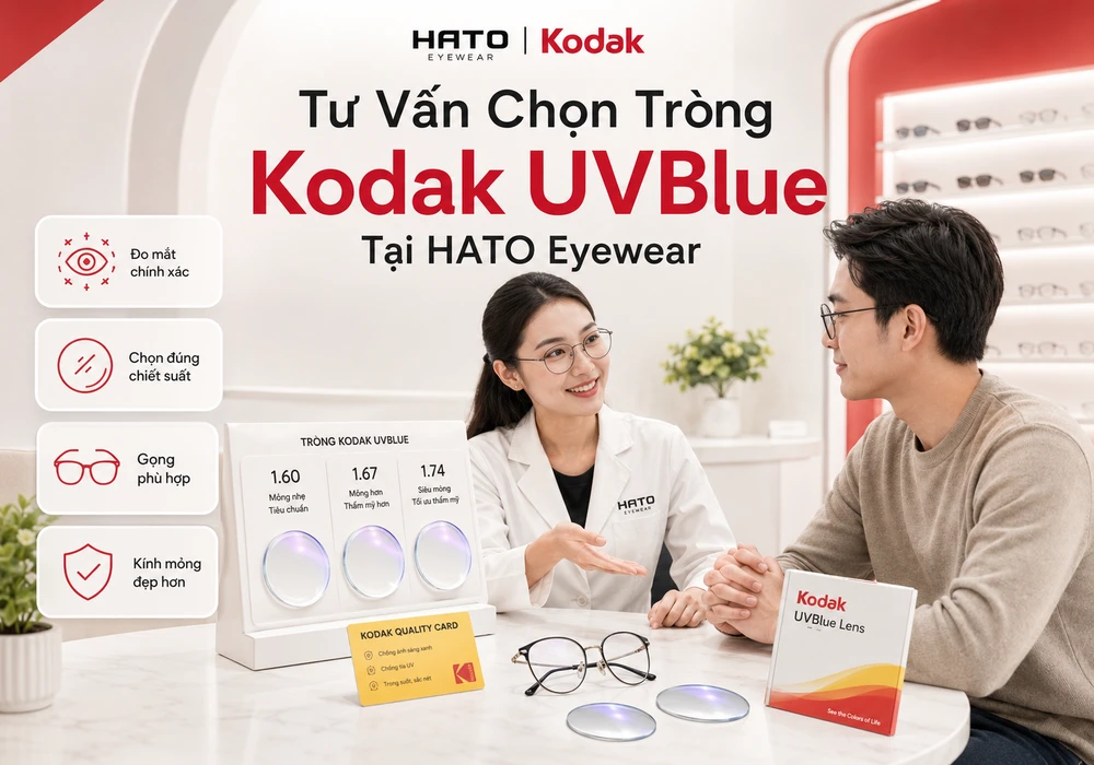 Tư vấn chọn tròng Kodak UVBlue tại HATO Eyewear với chuyên viên giới thiệu các lựa chọn 1.60, 1.67 và 1.74 cho khách hàng