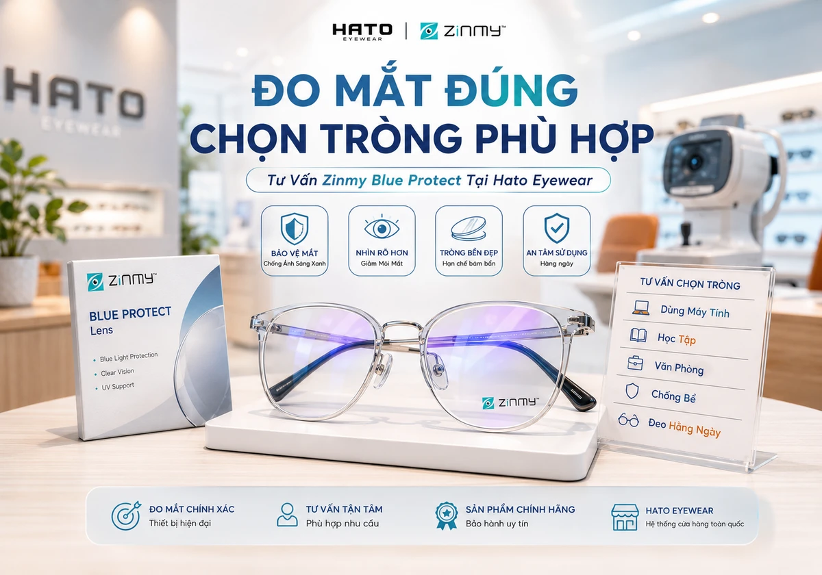 Ảnh CTA blog tư vấn chọn tròng kính Zinmy Blue Protect tại Hato Eyewear, nổi bật cặp kính chống ánh sáng xanh, khu vực tư vấn mắt kính hiện đại và các nhu cầu sử dụng như dùng máy tính, học tập, văn phòng, chống bể và đeo hằng ngày.