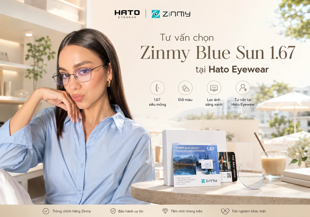 Người mẫu đeo kính lắp tròng Zinmy Blue Sun 1.67 mỏng nhẹ, chống ánh sáng xanh và đổi màu tại Hato Eyewear