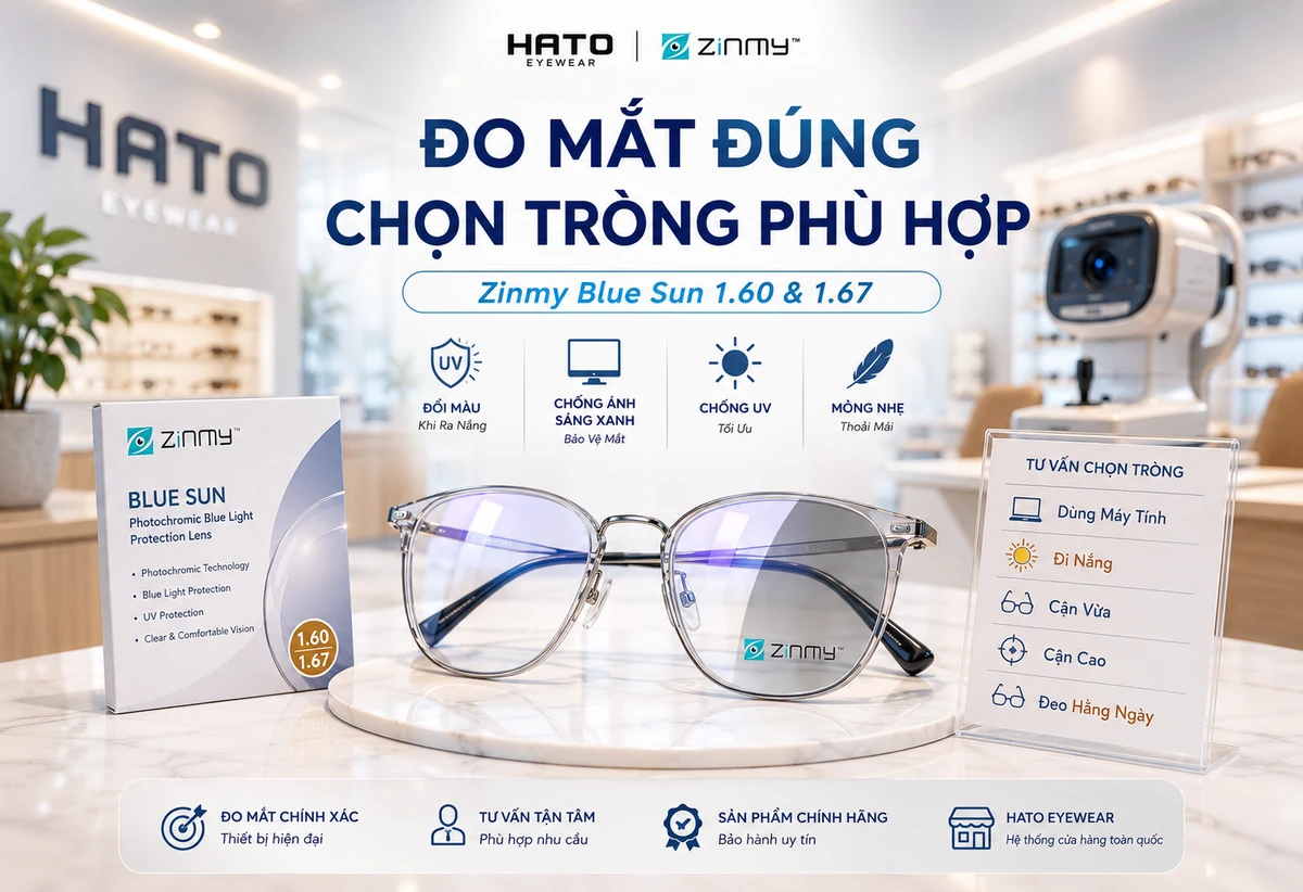 Ảnh CTA blog tư vấn chọn tròng kính Zinmy Blue Sun tại Hato Eyewear, nổi bật cặp kính đổi màu lọc ánh sáng xanh cùng các nhu cầu sử dụng như dùng máy tính, đi nắng, cận vừa, cận cao và đeo hằng ngày.