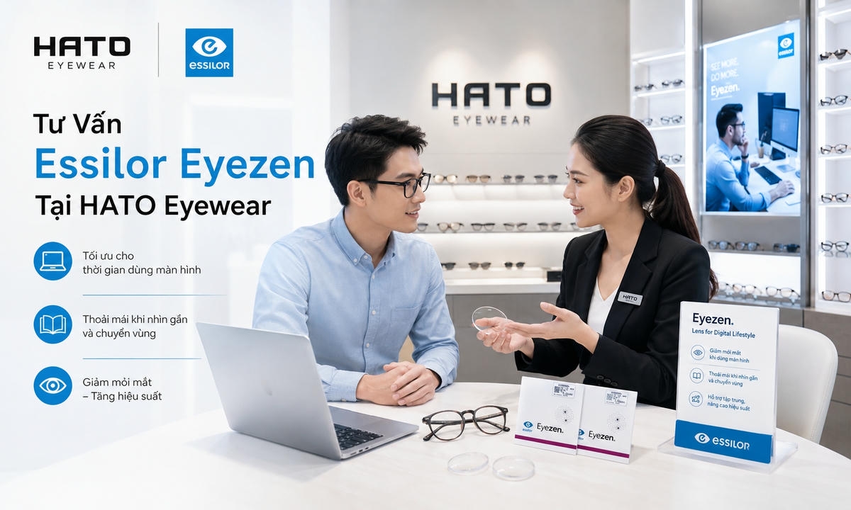 Tư vấn tròng kính Essilor Eyezen tại HATO Eyewear cho khách hàng văn phòng.
