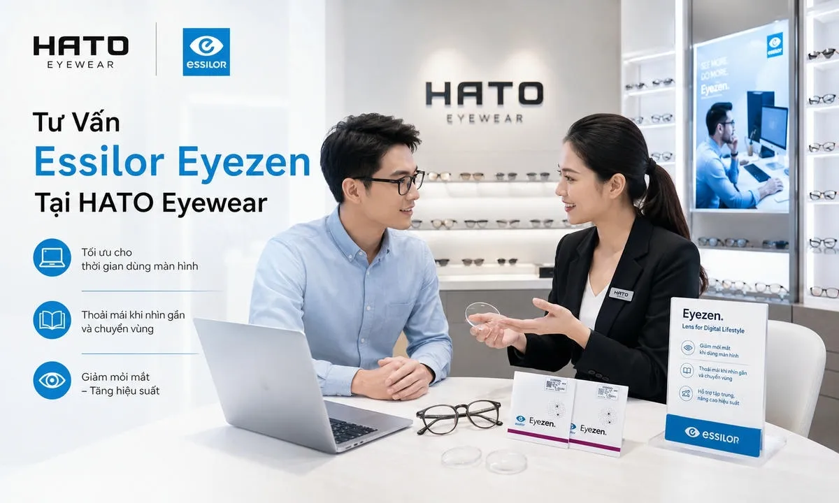 Tư vấn tròng kính Essilor Eyezen tại HATO Eyewear cho khách hàng văn phòng.