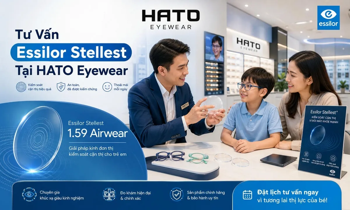 Ảnh CTA blog minh họa dịch vụ tư vấn Essilor Stellest 1.59 Airwear tại HATO Eyewear, với chuyên viên tư vấn cho phụ huynh và trẻ em về giải pháp kiểm soát cận thị trong không gian cửa hàng hiện đại.