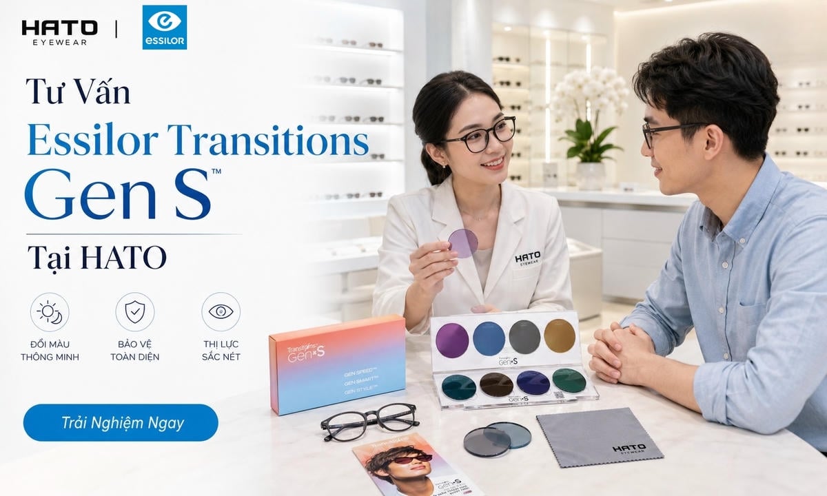 Tư vấn tròng kính Essilor Transitions Gen S tại HATO Eyewear với bảng màu Gen S, gọng kính và tròng mẫu trong cửa hàng hiện đại.