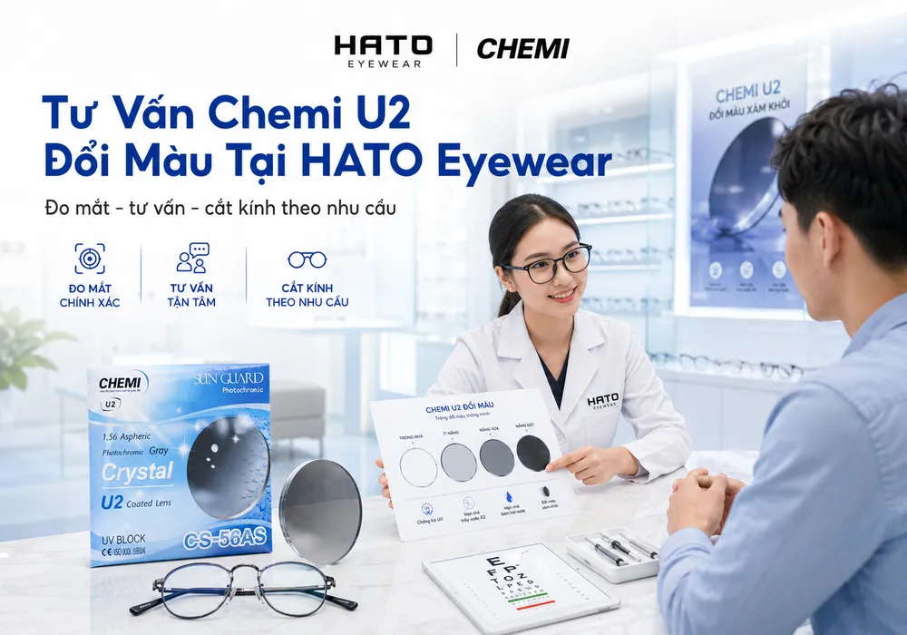 Chuyên viên HATO Eyewear tư vấn tròng kính Chemi U2 đổi màu cho khách hàng tại cửa hàng mắt kính hiện đại, sáng sạch và chuyên nghiệp.