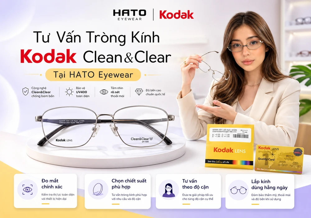 Tư vấn tròng kính Kodak Clean&Clear tại HATO Eyewear với chuyên viên tư vấn và kính cận lắp tròng Kodak FSV Asph UV400 Clean&Clear