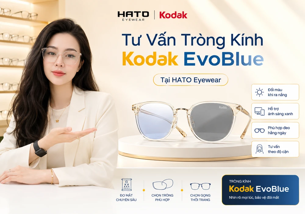 Ảnh CTA tư vấn tròng kính Kodak EvoBlue tại HATO Eyewear, nổi bật với kính cận lắp tròng đổi màu khi ra nắng, hỗ trợ ánh sáng xanh, phù hợp đeo hằng ngày và tư vấn theo độ cận.