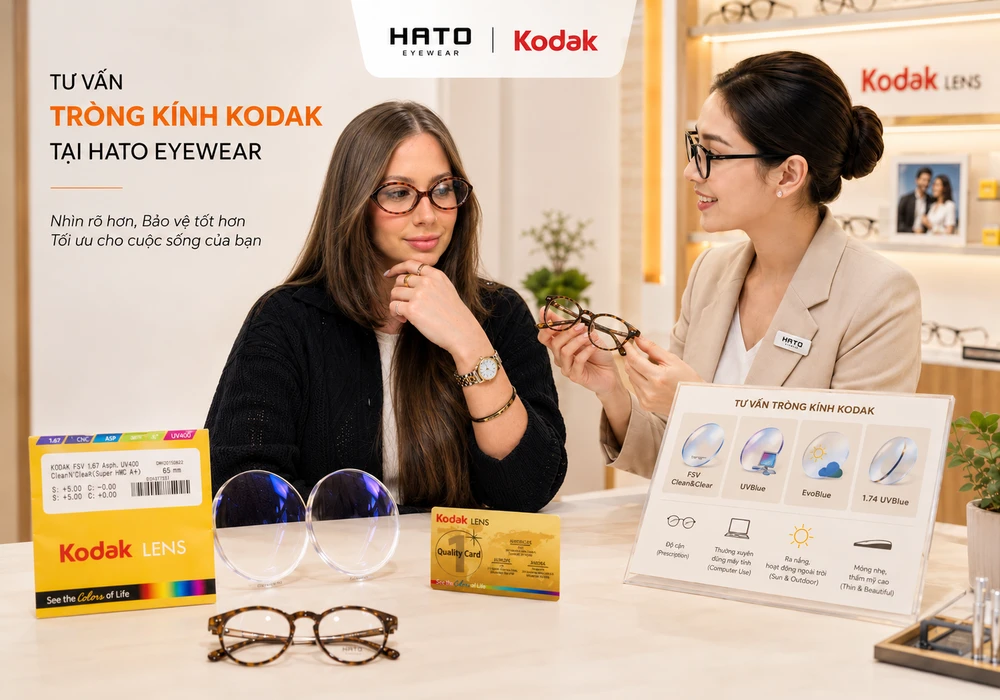 Tư vấn tròng kính Kodak tại HATO Eyewear, giới thiệu các lựa chọn FSV Clean&Clear, UVBlue, EvoBlue và 1.74 UVBlue phù hợp theo độ cận, nhu cầu dùng máy tính, đi nắng và mong muốn kính mỏng đẹp.