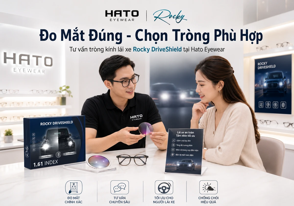 Ảnh CTA blog về tư vấn tròng kính lái xe Rocky DriveShield tại Hato Eyewear, thể hiện không gian showroom chuyên nghiệp với nhân viên tư vấn, hộp sản phẩm Rocky DriveShield, tròng kính phản quang Ruby và các biểu tượng hỗ trợ người lái xe.
