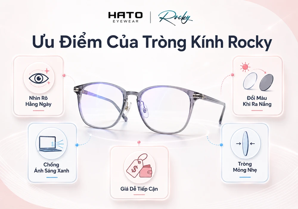 Ưu điểm của tròng kính Rocky tại HATO Eyewear gồm nhìn rõ hằng ngày, chống ánh sáng xanh, đổi màu khi ra nắng, tròng mỏng nhẹ và giá dễ tiếp cận.