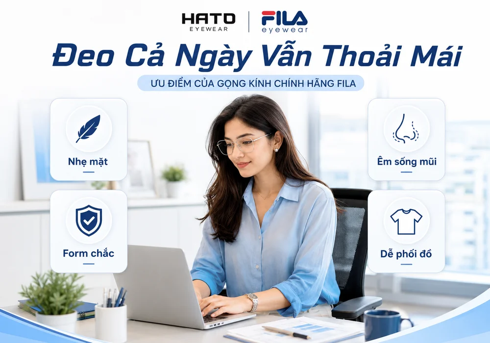 Người mẫu nữ đeo gọng kính Fila chính hãng khi làm việc với laptop, minh họa ưu điểm nhẹ mặt, êm sống mũi, form chắc và dễ phối đồ