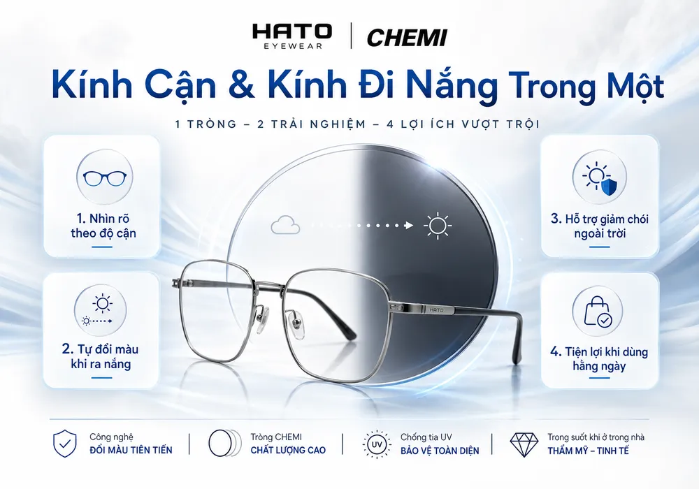 Ảnh infographic giới thiệu ưu điểm tròng kính cận đổi màu Chemi với các lợi ích như nhìn rõ theo độ cận, tự đổi màu khi ra nắng, hỗ trợ giảm chói ngoài trời và tiện lợi khi dùng hằng ngày.