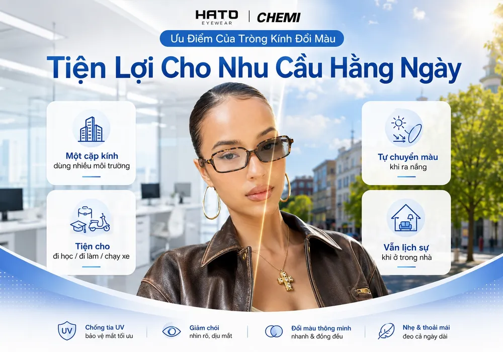 Ảnh minh họa blog về ưu điểm của tròng kính đổi màu HATO CHEMI, thể hiện khả năng tự chuyển màu khi ra nắng, dùng linh hoạt khi đi học, đi làm, chạy xe và sinh hoạt hằng ngày.