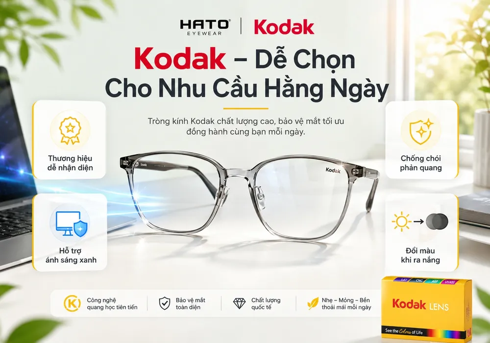 Ảnh minh họa ưu điểm của tròng kính Kodak với 4 lợi ích nổi bật: thương hiệu dễ nhận diện, chống chói phản quang, hỗ trợ ánh sáng xanh và đổi màu khi ra nắng.