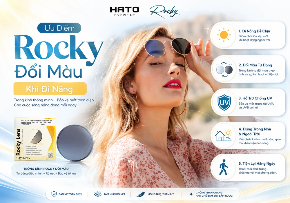 Ưu điểm tròng kính Rocky đổi màu khi đi nắng với khả năng đổi màu tự động, hỗ trợ chống UV và tiện lợi hằng ngày