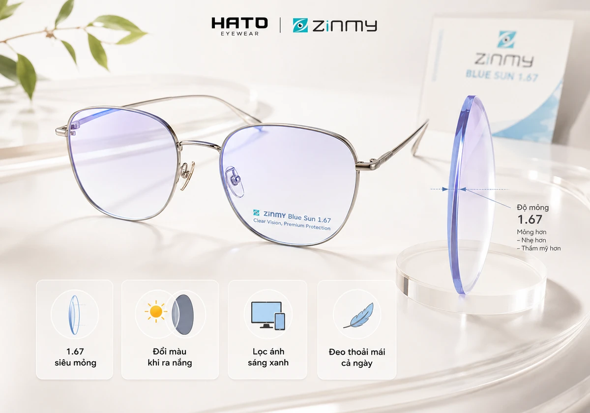 Ảnh minh họa tròng kính Zinmy Blue Sun 1.67 siêu mỏng cho người cận cao, có khả năng đổi màu khi ra nắng, lọc ánh sáng xanh và mang lại cảm giác đeo nhẹ thoải mái tại Hato Eyewear.
