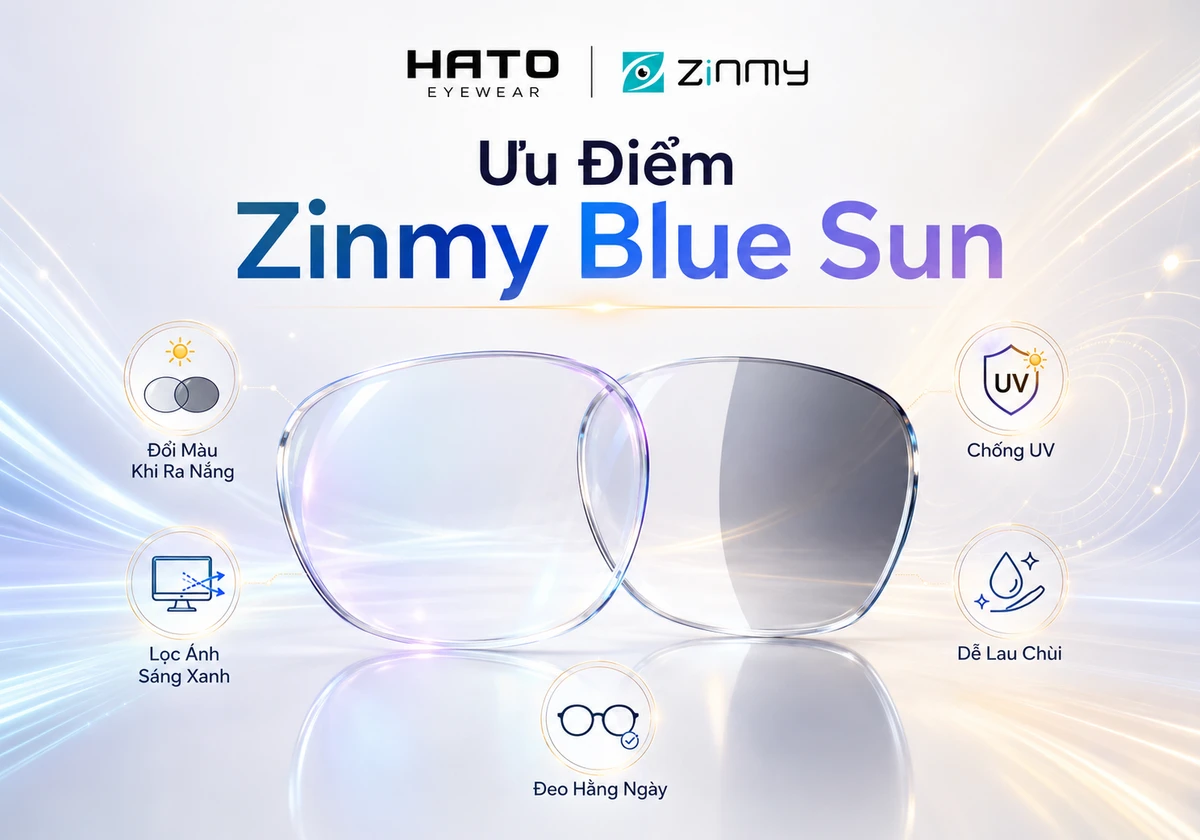 Ảnh minh họa blog về ưu điểm Zinmy Blue Sun, thể hiện tròng kính trong suốt có phản quang xanh tím nhẹ, hiệu ứng đổi màu xám khói khi ra nắng, hỗ trợ lọc ánh sáng xanh, chống UV và dễ sử dụng hằng ngày tại Hato Eyewear.