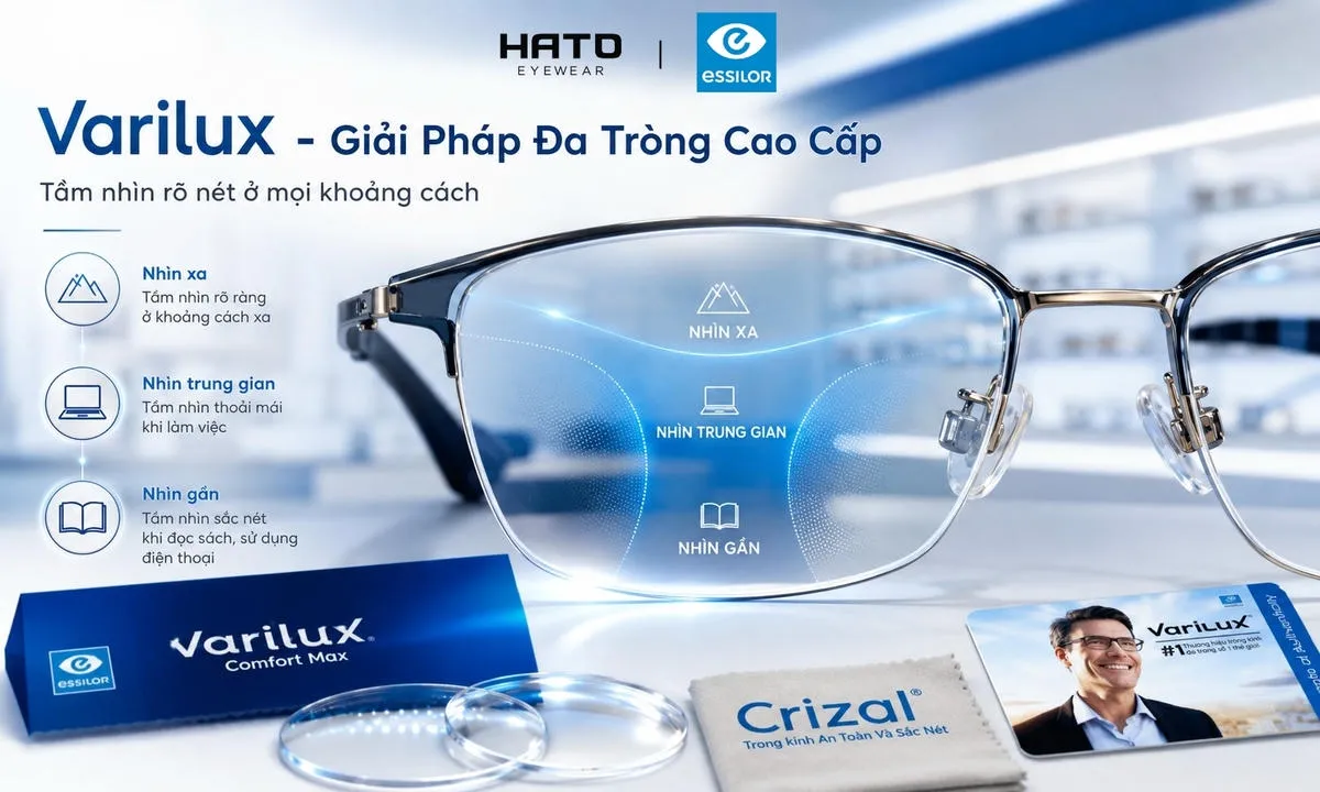 Tròng kính đa tròng cao cấp Essilor Varilux trên gọng kính sang trọng tại HATO Eyewear.