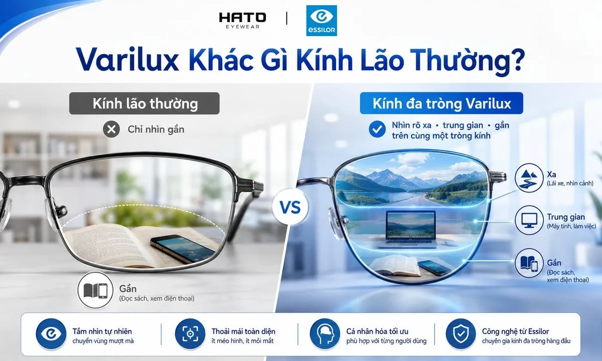 Ảnh so sánh kính lão thông thường và kính đa tròng Varilux của Essilor, giúp người dùng dễ hiểu sự khác biệt giữa vùng nhìn gần đơn tiêu và khả năng nhìn rõ xa, trung gian, gần trên cùng một tròng kính tại HATO Eyewear.