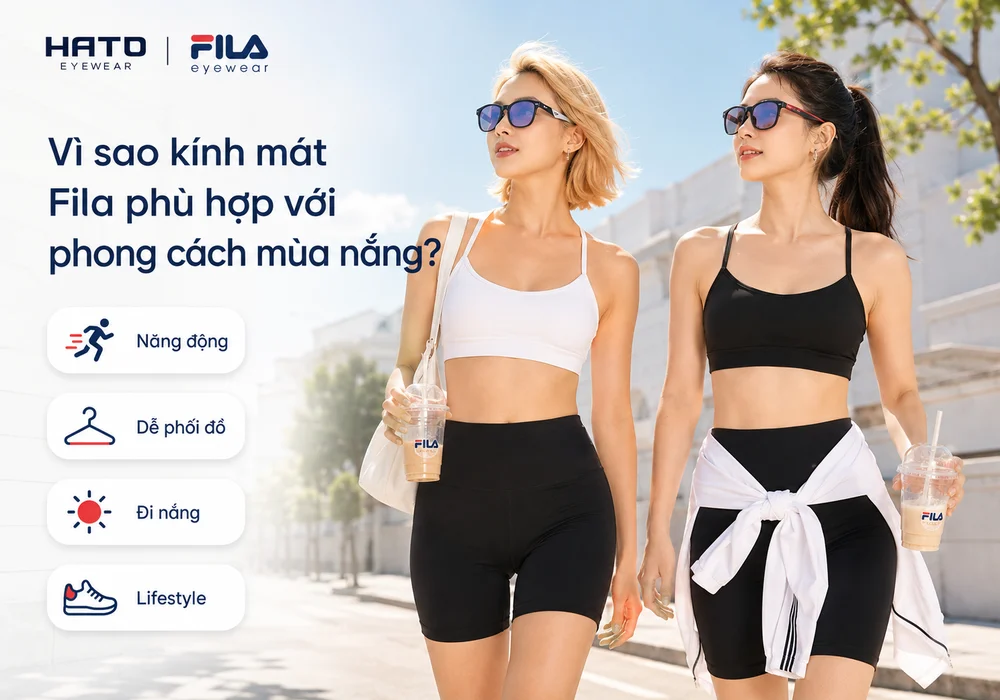 Kính mát Fila mới nhất cùng với hai người mẫu trẻ đeo kính mát Fila đi bộ ngoài trời trong phong cách mùa nắng năng động tại Hato Eyewear