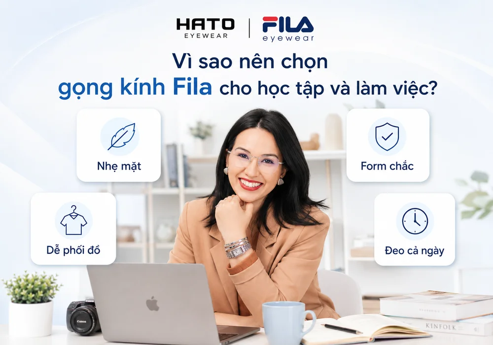 Ảnh infographic giới thiệu lý do nên chọn gọng kính Fila cho học tập và làm việc, nổi bật với các ưu điểm như nhẹ mặt, form chắc, dễ phối đồ và đeo cả ngày tại Hato Eyewear.