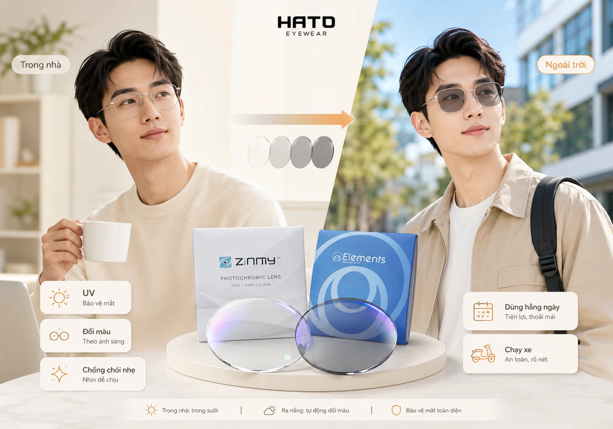 Zinmy Blue Sun hay Elements Photo Grey ảnh minh họa vì sao nên chọn tròng kính đổi màu khi đi nắng hằng ngày với so sánh trong nhà và ngoài trời tại Hato Eyewear