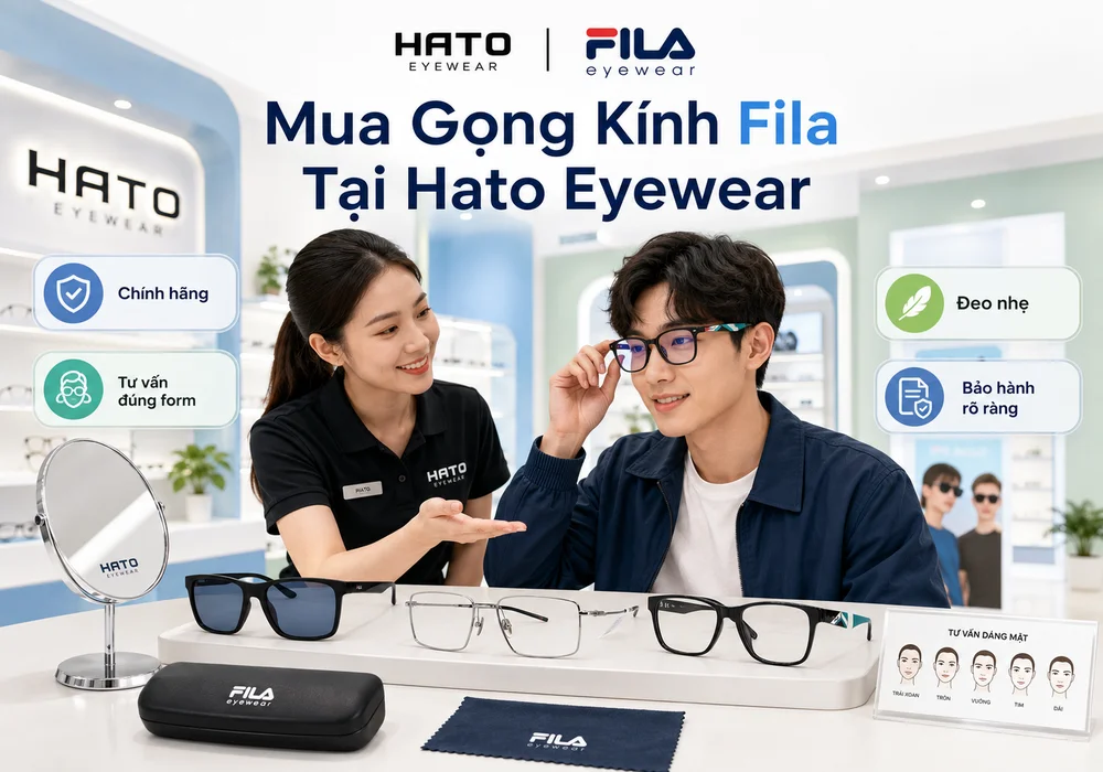 Nhân viên Hato Eyewear tư vấn khách hàng thử gọng kính Fila chính hãng trong showroom hiện đại, sáng sạch và chuyên nghiệp