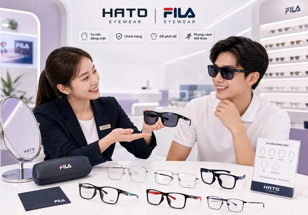 Nhân viên Hato Eyewear tư vấn kính mát Fila chính hãng cho khách hàng trẻ trong showroom hiện đại