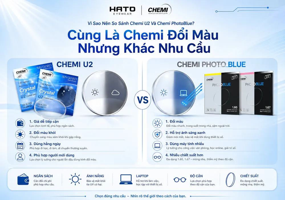  Chemi U2 hay Chemi PhotoBlue, hai dòng tròng kính đổi màu Chemi phù hợp nhu cầu sử dụng khác nhau.