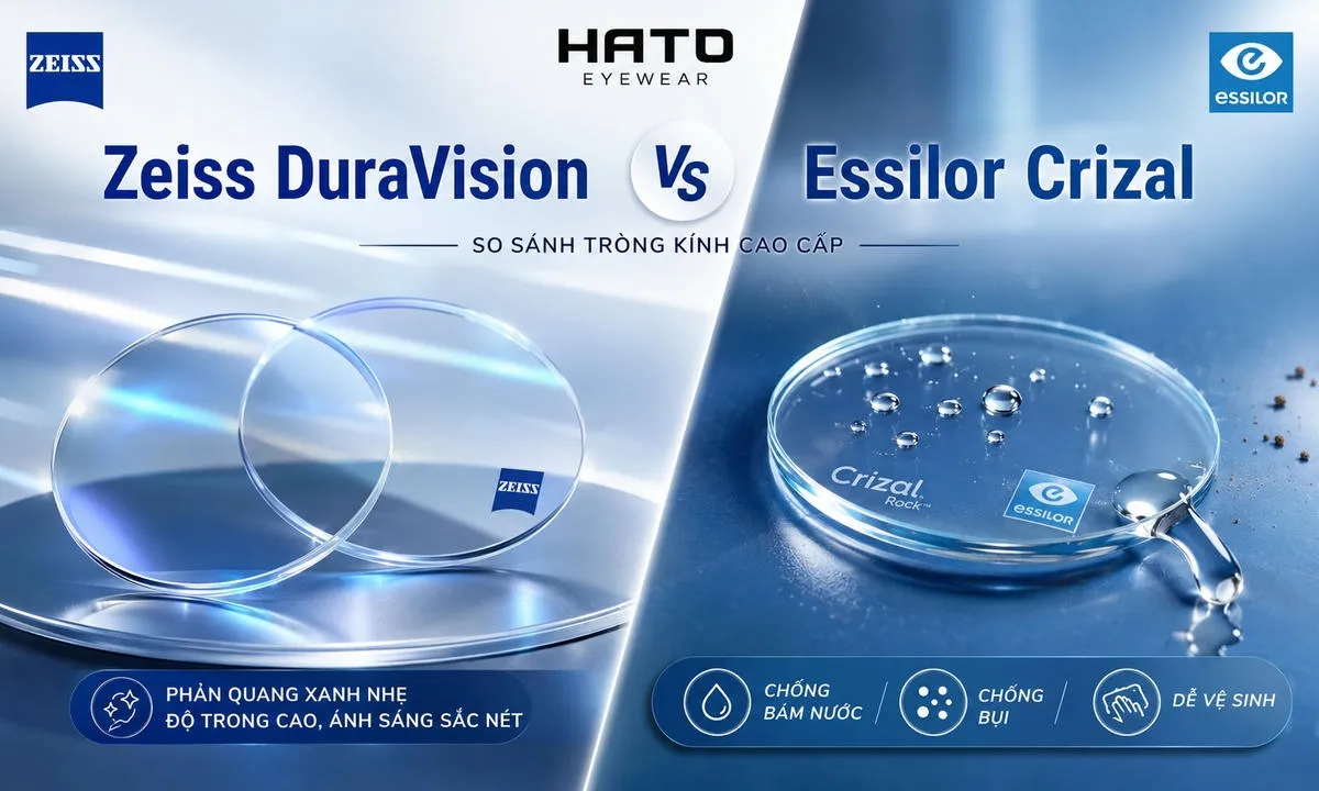 Ảnh so sánh tròng kính Zeiss DuraVision và Essilor Crizal, làm nổi bật phản quang xanh nhẹ, độ trong cao của Zeiss cùng khả năng chống bám nước, chống bụi và dễ vệ sinh của Essilor Crizal tại HATO Eyewear.