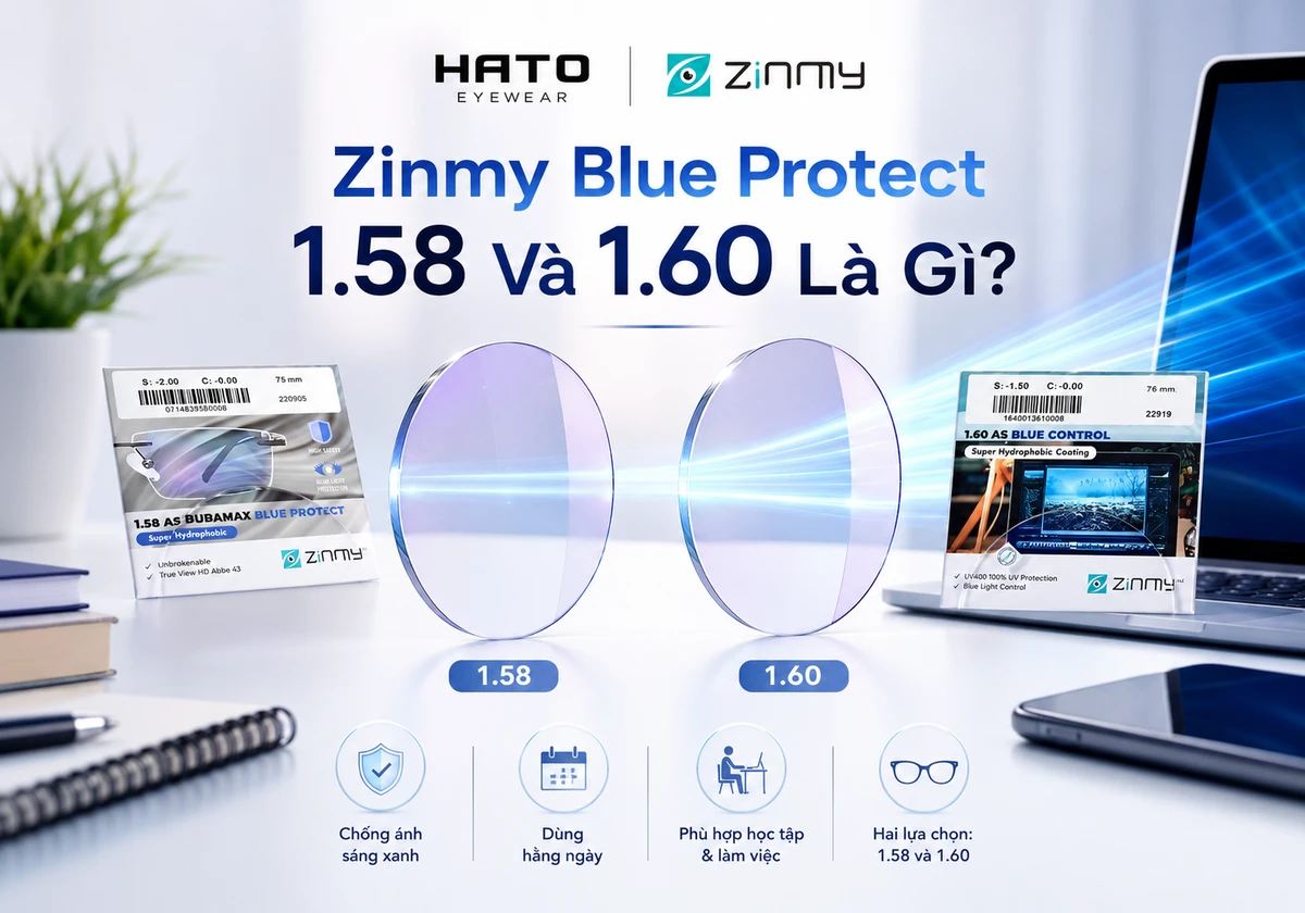 Ảnh blog giới thiệu Zinmy Blue Protect 1.58 và 1.60 tại Hato Eyewear, nổi bật với thiết kế tròng kính trong suốt, phản quang xanh tím nhẹ và khả năng hỗ trợ lọc ánh sáng xanh. Hình ảnh thể hiện hai lựa chọn chiết suất 1.58 và 1.60 phù hợp cho người thường xuyên học tập, làm việc với máy tính và thiết bị màn hình.