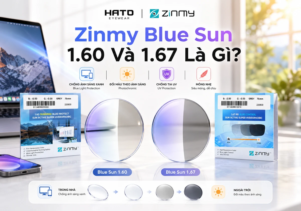 Ảnh blog giới thiệu Zinmy Blue Sun 1.60 và 1.67 tại Hato Eyewear, nổi bật với thiết kế tròng kính trong suốt, phản quang xanh tím nhẹ và khả năng đổi màu xám khói khi ra nắng. Hình ảnh thể hiện hai lựa chọn chiết suất phù hợp cho người thường xuyên học tập, làm việc với màn hình và cần sử dụng kính linh hoạt trong cả môi trường trong nhà lẫn ngoài trời.