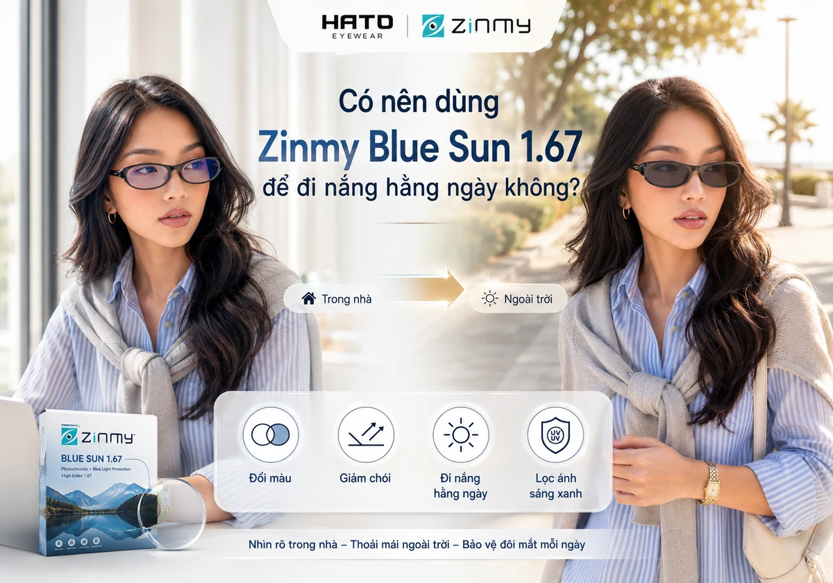 Tìm hiểu Zinmy Blue Sun 1.67 có phù hợp đi nắng hằng ngày không, với khả năng đổi màu, giảm chói, lọc ánh sáng xanh và thiết kế mỏng nhẹ cho người cận cao.