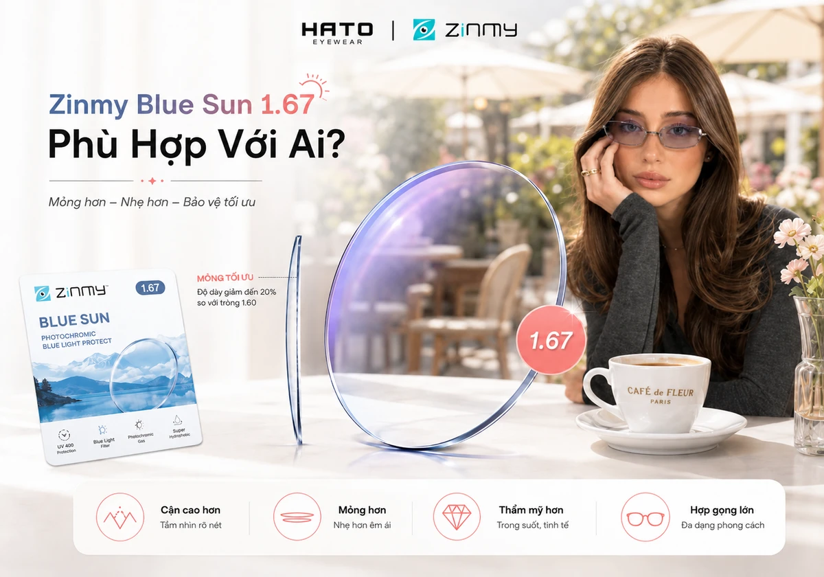 Ảnh minh họa blog chủ đề “Zinmy Blue Sun 1.67 Phù Hợp Với Ai?” tại Hato Eyewear. Hình ảnh thể hiện tròng kính Zinmy Blue Sun 1.67 siêu mỏng, có phản quang xanh tím nhẹ và khả năng đổi màu, phù hợp với người cần độ mỏng cao, tính thẩm mỹ tốt và sử dụng hằng ngày.