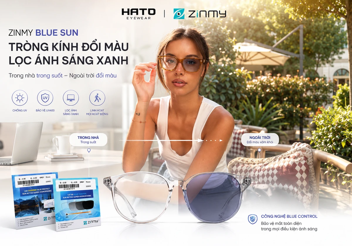 Ảnh minh họa tròng kính Zinmy Blue Sun đổi màu lọc ánh sáng xanh, trong nhà trong suốt và ngoài trời đổi màu xám khói, phù hợp dùng hằng ngày tại Hato Eyewear.