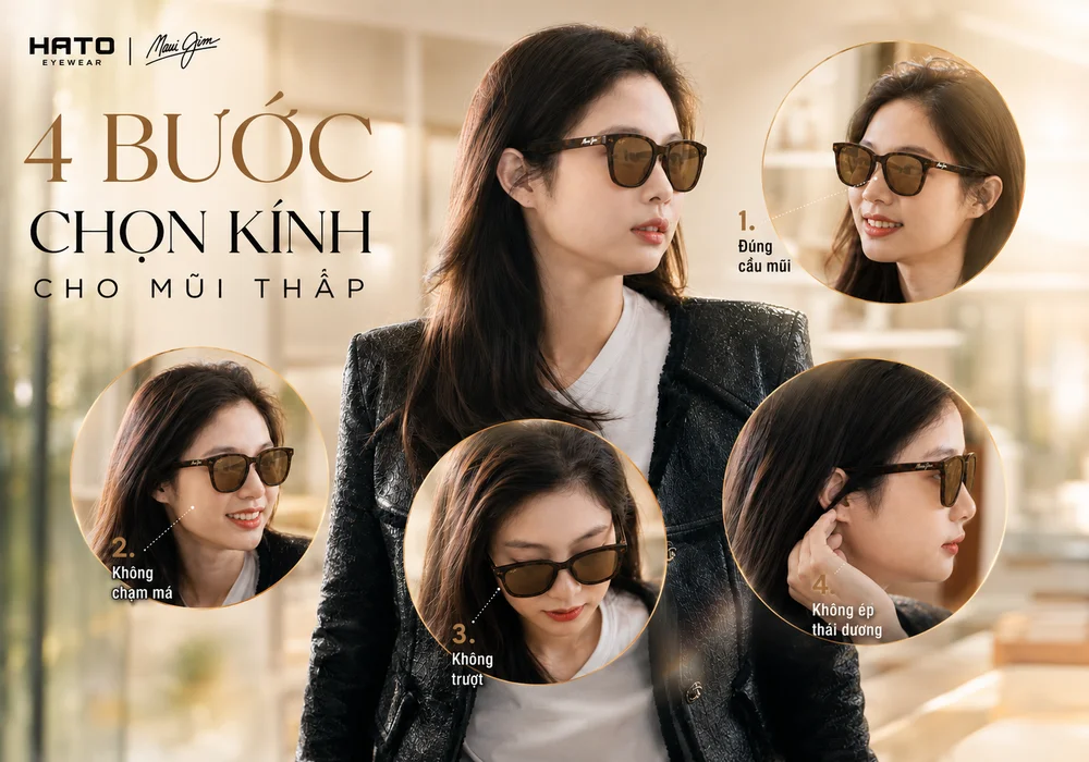 4 bước chọn kính Maui Jim cho người Việt có sống mũi thấp, gồm kiểm tra cầu mũi, gò má, độ trượt và độ ôm ở thái dương.