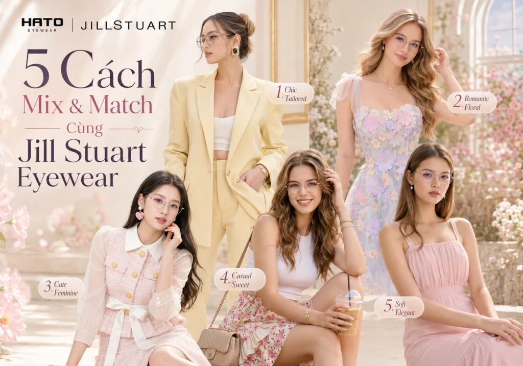 5 người mẫu nữ đeo kính mắt Jill Stuart phối cùng nhiều phong cách trang phục nữ tính, thanh lịch và hiện đại tại Hato Eyewear