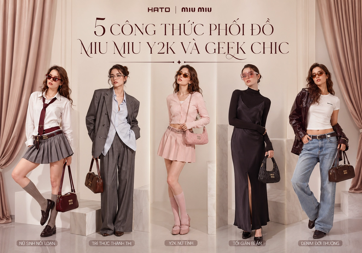 Fashion styling guide với 5 công thức phối đồ Miu Miu Y2K và Geek Chic, gồm năm người mẫu nữ đeo các kiểu kính Miu Miu trong không gian studio thời trang cao cấp.