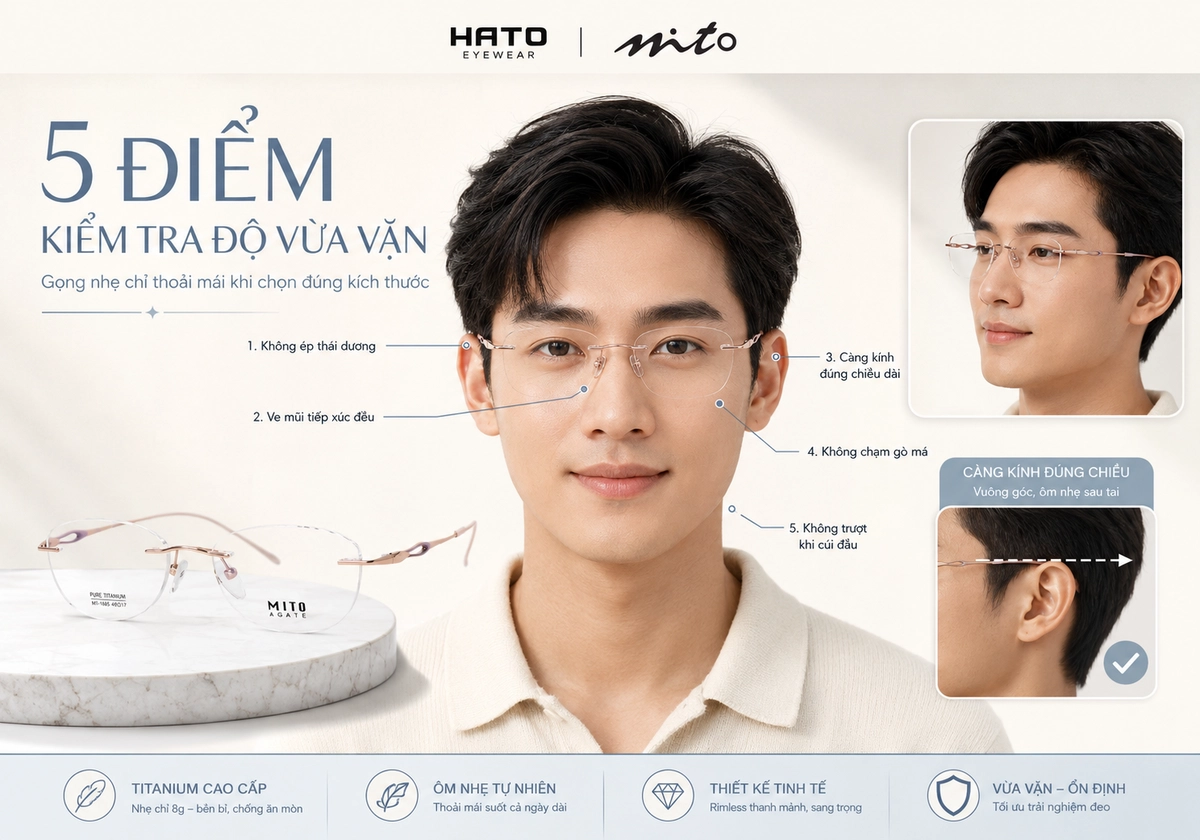 Infographic hướng dẫn kiểm tra độ vừa vặn của gọng kính Mito với 5 tiêu chí quan trọng: không ép thái dương, ve mũi tiếp xúc đều, càng kính đúng chiều dài, không chạm gò má và không trượt khi cúi đầu.