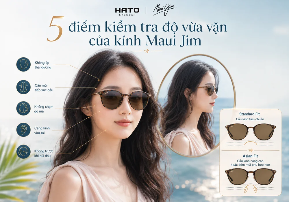 Infographic 5 điểm kiểm tra độ vừa vặn của kính Maui Jim và so sánh cấu trúc Standard Fit với Asian Fit.
