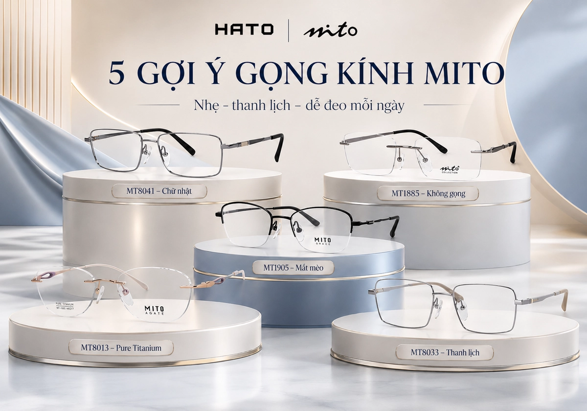 Product showcase 5 mẫu gọng kính Mito nổi bật với thiết kế chữ nhật, không gọng, nửa khung mắt mèo và Pure Titanium, phù hợp đeo hằng ngày.