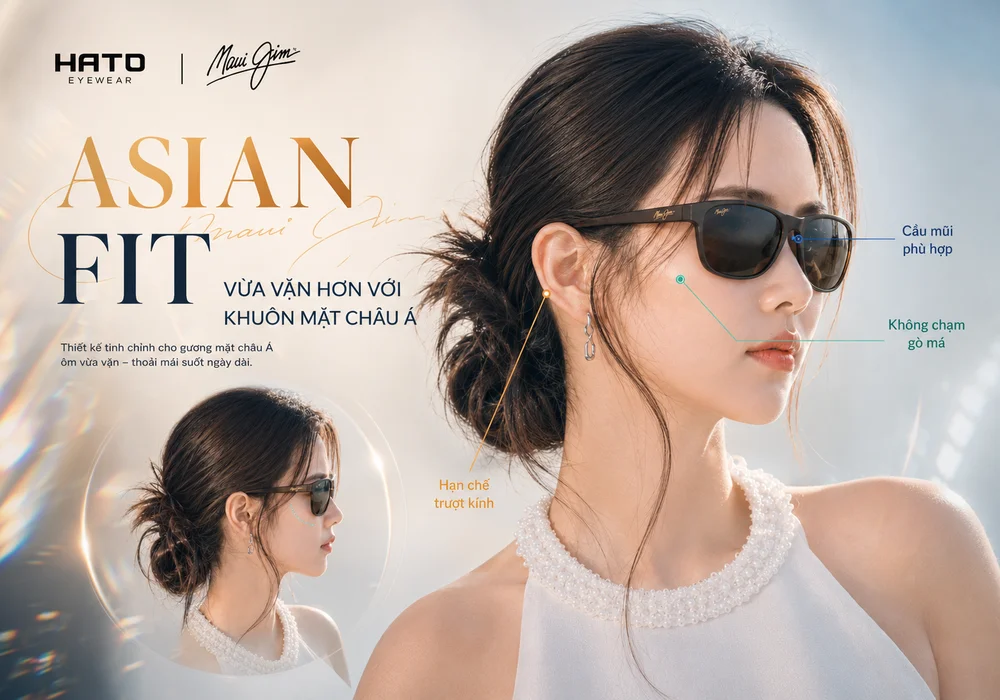 Người mẫu Việt đeo kính Maui Jim Asian Fit vừa vặn với cầu mũi, gò má và khuôn mặt châu Á.